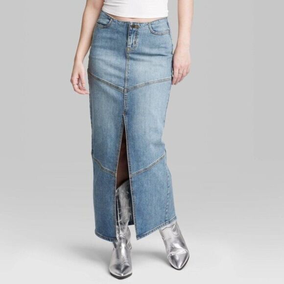 WILD FABLE Mid-Rise Chevron Denim Maxi Skirt Sz 4 Long Blue Jean Slit Skirt NWT - Picture 1 of 12